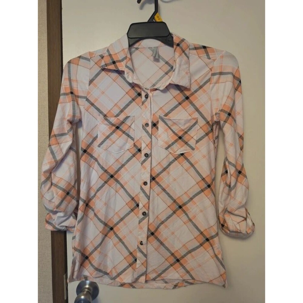 Vanity Womens Size Small Peach & White Diagonal Plaid Tunic Shirt